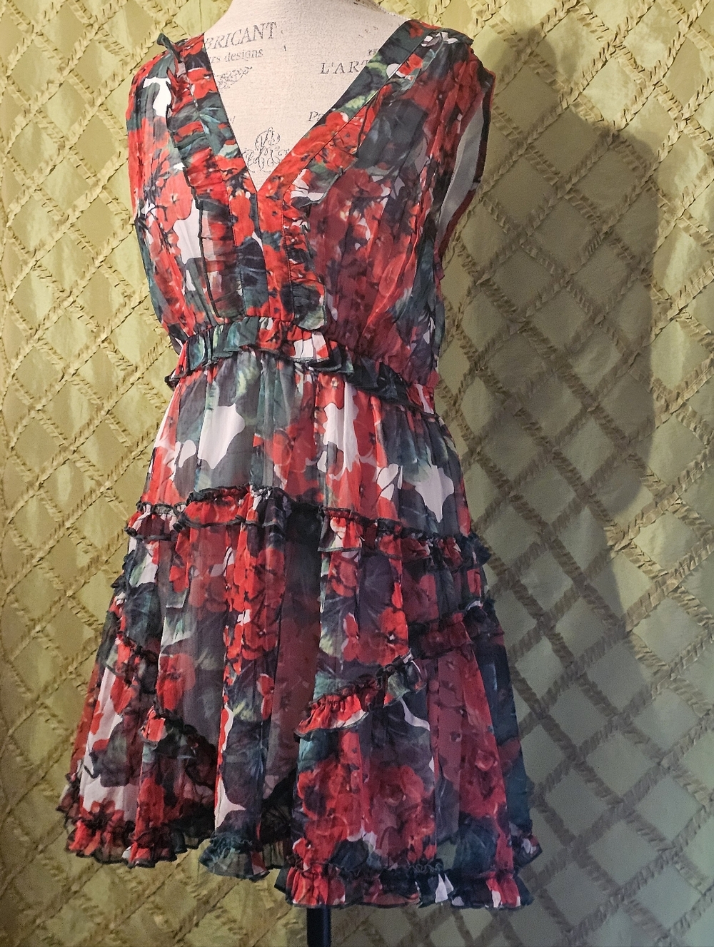 L'ATISTE Red Floral Ruffled V-Neck Mini Dress